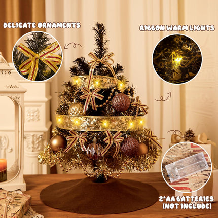 Small Artificial Christmas Tree Decorations - Mini Christmas Table Top Tree 2 FT, Xmas Desk 24 Inch Tree with 20 LED Ribbon Lights, Hanging Ornament for Home Decor Indoor Office Holiday Tabletop Party
