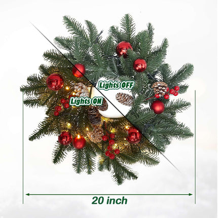 20 Inch Christmas Wreath with 50 Lights Timer (Battery Not Included) Small Christmas Wreaths for Front Door with Pine Cones Berries Red Balls Christmas Door Wreath Indoor Outdoor Wall Decoration