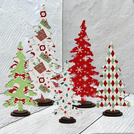 DAZONGE Christmas Decorations - 5PCS Wooden Christmas Tree Tabletop Decor Sign - Rustic Decorative standing Christmas Tree Centerpiece for Home Shelf Mantel