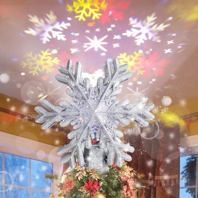 Sanniu Christmas Tree Topper - Christmas Tree Topper Lighted with 3D Rotating - LED Hollow Glitter Projector - Christmas Tree Topper for Christmas Tree Decorations (Sliver Snowflake)