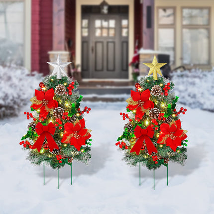 2 Pack 24.5 Inches Christmas Pathway Trees Outdoor Artificial Christmas Tree Urn Filler with 66 LED Lights Tree Topper Pine Cones Red Berries for Home Holiday Christmas Decor (White)
