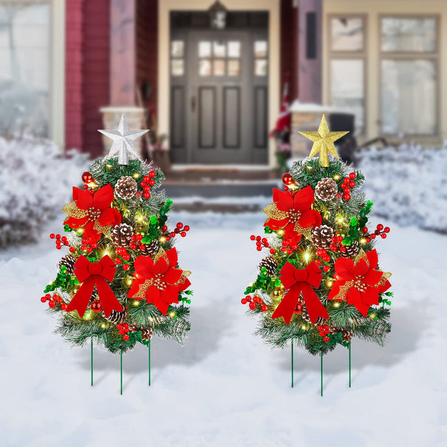 2 Pack 24.5 Inches Christmas Pathway Trees Outdoor Artificial Christmas Tree Urn Filler with 66 LED Lights Tree Topper Pine Cones Red Berries for Home Holiday Christmas Decor (White)