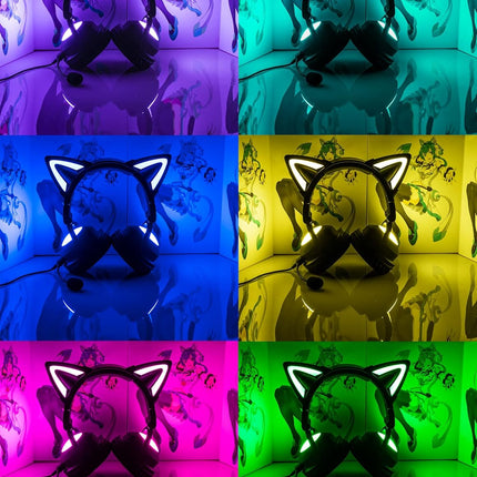 New Edition Wireless Cat Ear Headphones (12 Color Changing) 3.5mm Jack, Bluetooth&Wired Connection (Black)