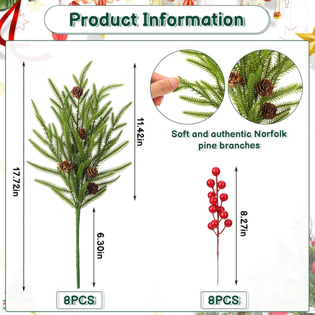 16 Pcs Christmas Norfolk Pine Branches with Red Berry Stems, Including 8 Pcs 18" Christmas Artificial Pine Branches 8 Pcs 8" Red Berry Stems for Xmas DIY Craft Outdoor