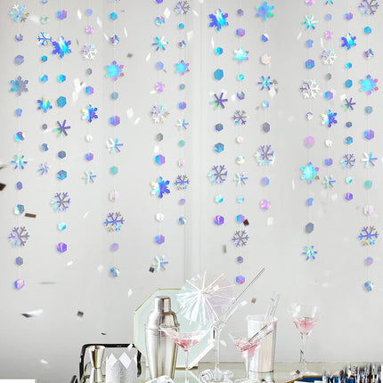 Clearance 52Ft Winter Wonderland Party Decoration Iridescent Snowflake Garland Holographic Paper Snowflake Streamer for Winter Onederland Christmas Frozen Birthday Wedding Bridal Shower Party Supplies