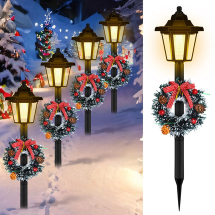 VIHOSE 4 Pcs 21.3 Inch Christmas Solar Pathway Lights Outdoor Waterproof Solar Christmas Street Lights with Ribbon Accessories Solar Outdoor Lights for Yard Pathway Walkway Holiday Decor(Wreath)