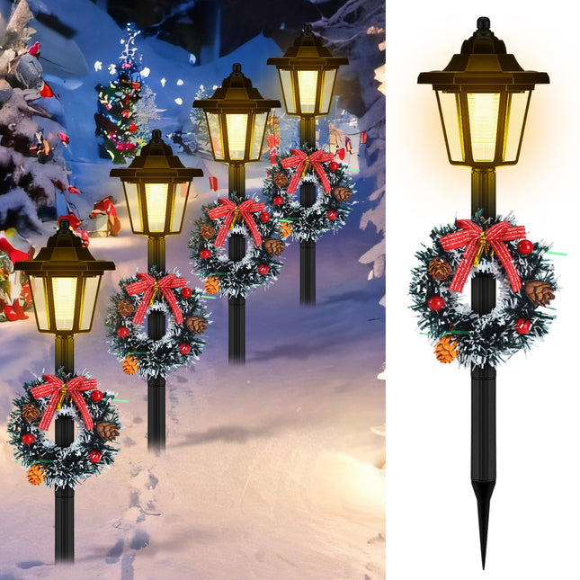VIHOSE 4 Pcs 21.3 Inch Christmas Solar Pathway Lights Outdoor Waterproof Solar Christmas Street Lights with Ribbon Accessories Solar Outdoor Lights for Yard Pathway Walkway Holiday Decor(Wreath)