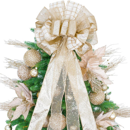 Christmas Tree Topper Bow 52x12“ Christmas Ornament with Glitter Satin Mesh Streamer,for Your Christmas Decor & Ornaments (Champagne Gold)