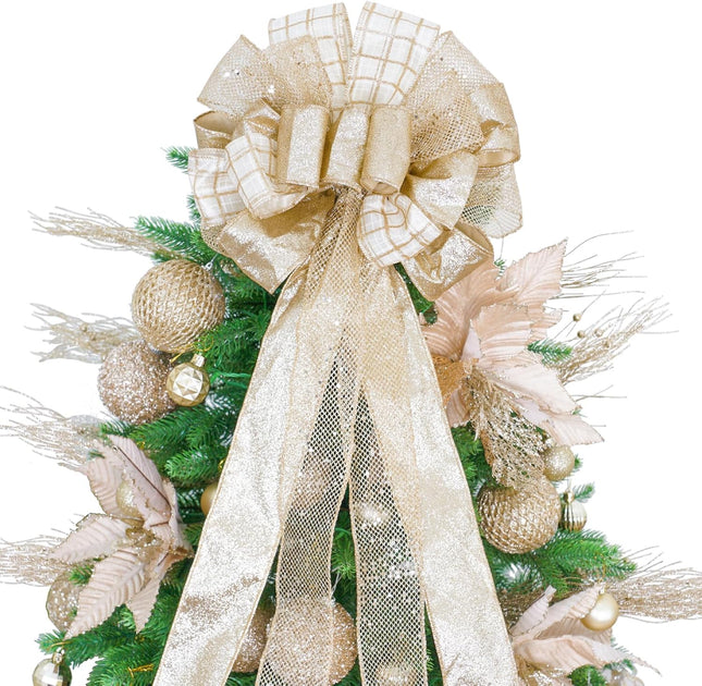 Christmas Tree Topper Bow 52x12“ Christmas Ornament with Glitter Satin Mesh Streamer,for Your Christmas Decor & Ornaments (Champagne Gold)