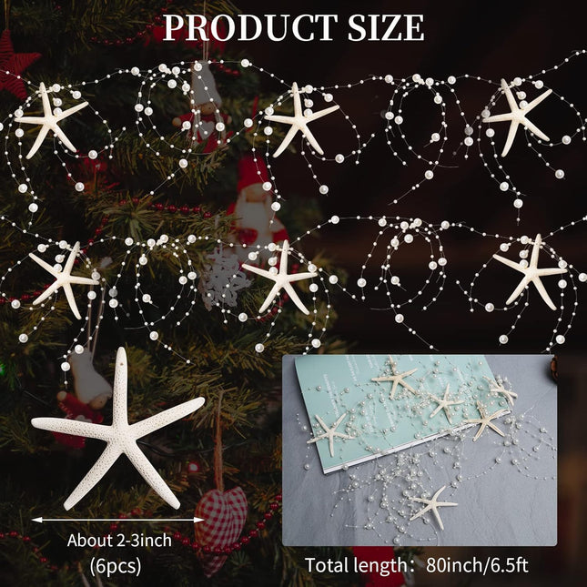 Beaded Starfish Garland Christmas Decorations 2M/80 Natural Starfish Christmas Beaded Garland with 6PCS Finger Starfish for Christmas Tree Ornaments Home Decoration Beach Party Mermaid Garland
