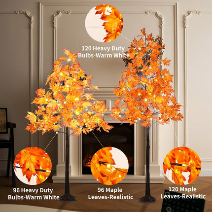 Lighted Maple Leaf Tree, 2 Pack Prelit Orange Artificial Fall Trees (5FT and 6FT) for Indoor Outdoor Decor Garden Wedding Party Bedroom Thanksgiving Decoration