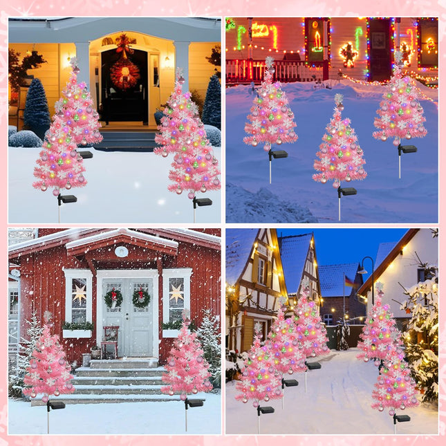 2 Set Pink Solar Christmas Tree Lights, Waterproof Solar Christmas Decorations Outdoor, Xmas Solar Stake Lights with 40 LEDs Cemetery Christmas Tree for Grave Outside Garden Yard Lawn