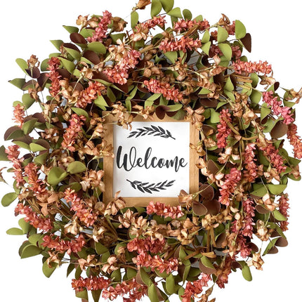 idyllic Elegant Burgundy Fall Wreath 22" with Welcome Sign - Paper Floral Wreaths for Front Door - Perfect Christmas Wreath and Burgundy Decor for Thanksgiving Festival