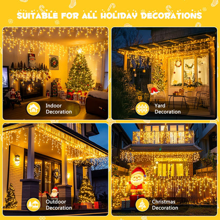 JMEXSUSS 38.8FT Icicle Lights for Outside, 400 LED Icicle Christmas Lights Outdoor Indoor Plug in, Warm White Christmas Icicle Lights with Remote for Wedding House Fireplace Christmas Decorations