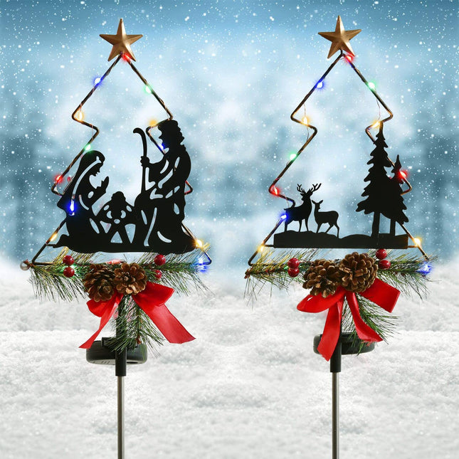 2 Pack Outdoor Solar Christmas Lights, Multicolor LED Silhouettes Christmas Decorations ，Christmas Outdoor Solar Lights with Artificial Berry and Pine Needles for Garden Backyard Decorative