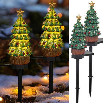 Dazzle Bright 2 Pack Solar Powered Fairy Garden Green Christmas Tree Pathway Lights, Resin Mininatue Walkway Lights Decorative Stakes Christmas Decorations for Lawn Pathway Xmas Yard s