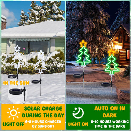 2 Pcs Solar Christmas Garden Stake Lights Waterproof Xmas Tree Solar Landscape Path Lights Neon Christmas Solar Lights for Outside Stakes Xmas Light Yard Stakes for House (Christmas Tree)