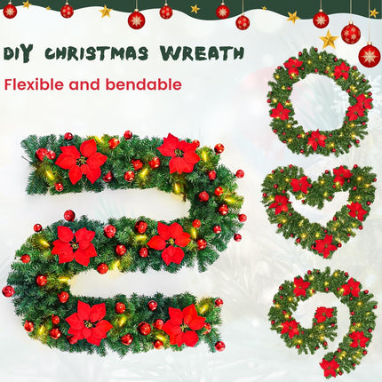 9ft Pre-lit Christmas Garland with Lights,Christmas Garlands for Stairs Railing,Pine Garland with Red Bows and Flowers,Christmas Decoration,Fireplace