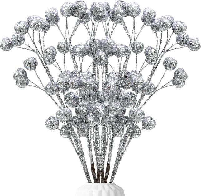 6 Pcs Large Glitter Floral Picks for Christmas Decorations, Artificial Silver Berry Stems for Christmas Indoor Outdoor Wreaths Mantle Tree Holiday Party Table Centerpieces Decor (Silver)