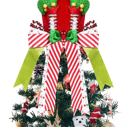 Christmas Tree Topper Hat, Elf Legs Xmas Tree Toppers Large Red Velvet Hat with Lengthened Bowknot, Christmas Tree Ornaments for Christmas Holiday Home Decoration
