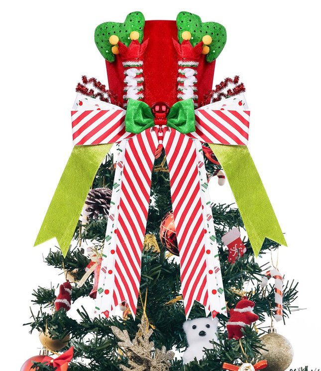 Christmas Tree Topper Hat, Elf Legs Xmas Tree Toppers Large Red Velvet Hat with Lengthened Bowknot, Christmas Tree Ornaments for Christmas Holiday Home Decoration