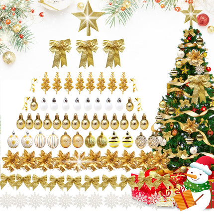 Christmas Tree Decoration Set, 88 Pcs Gold Christmas Ornaments Set with White Gold Christmas Ornaments Balls,Christmas Glitter Poinsettia Flowers,Glitter Berries Stems, Snowflakes, Bow for Christmas