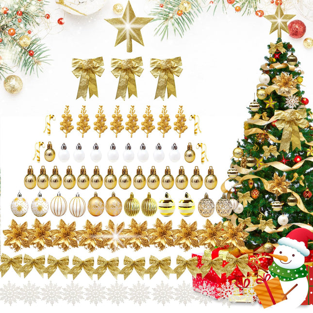 Christmas Tree Decoration Set, 88 Pcs Gold Christmas Ornaments Set with White Gold Christmas Ornaments Balls,Christmas Glitter Poinsettia Flowers,Glitter Berries Stems, Snowflakes, Bow for Christmas