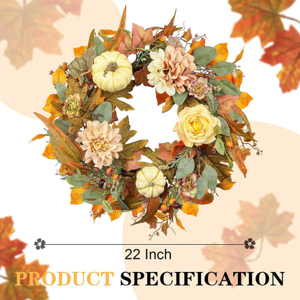 Fall Wreath, Pumpkin Fall Wreaths for Front Door, 22 inch Autumn Wreath for Indoor Outdoor Harvest Festival Thanksgiving Christmas and Fall Decorations