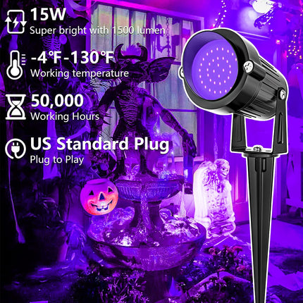 ZUCKEO 15W Halloween Blacklight Spotlight Outdoor LED Black Lights Waterproof Landscape Lighting with US Plug for Glow Dancing Party Body Painting Neon Poster Christmas Decorations(2Pack)