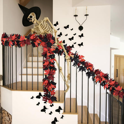 DearHouse 2 Pack Fall Garland Maple Leaf Clearance, 5.9Ft/Piece Halloween Maple Garland Black and Red Autumn Foliage Garland Halloween Decor for Home Fireplace Party (Black and Red)