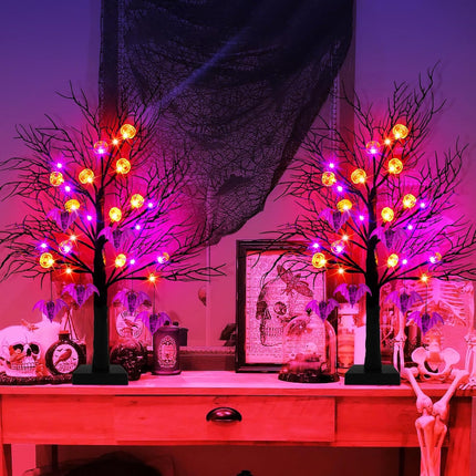 2 Pack 24 Inch Black Halloween Tree Lights, 24 LED Light Up Spooky Tree with Orange & Purple Pumpkin Bat Lights Battery Operated Tabletop Halloween Tree with Timer for Halloween Decorations