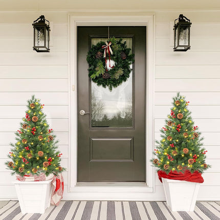 24 Inch Outdoor Christmas Tree 2 Set, Pre-lit Mini Christmas Tree Artificial Pathway Xmas Tree 50 LED with Red Berries, Pine Cones for Porch Holiday Decor