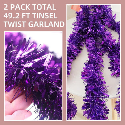 50 FT Purple Tinsel Garland Christmas Tinsel Garland Xmas Tree Decorations Metallic Tinsel Twist Garland for Christmas Tree Year Holiday Birthday Party Decorations (3.54" x 50', Purple)