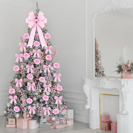 Duraaamo 61 Pcs Rose Christmas Tree Decoration Rose Decorations Set Include Faux Rose Artificial Berries Small Ribbon Bows Big Velvet Topper Bow for Holiday Home Xmas Tree Decor(Coquettish Pink)