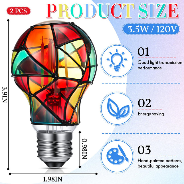 2 Pcs Stained Glass LED Light Bulb E26 Base Colorful Lightbulb 120V Flickering Lightbulb Bulbs for Christmas Xmas Home Balcony Garden Party Decoration (A60)
