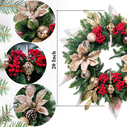 Christmas Wreaths for Front Door Outside, 20" Artificial Winters Wreath with Christmas Ball, Xmas for Wreath for Home Decor Holiday Party