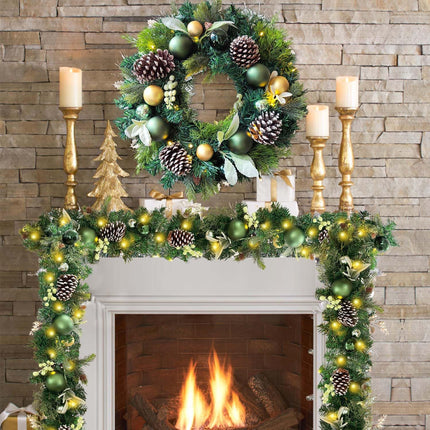 WANNA-CUL Pre-Lit 20 Inch Lighted Christmas Wreath for Front Door Decoration with Green Gold Christmas Ball Ornaments,Battery Operated 30 LED Lights