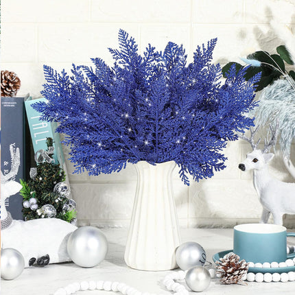 Cindeer 100 Pcs Christmas Tree Picks Sprays 10.24 Inch Glitter Artificial Pine Leaves Cedar Stems Faux Pine Needles Greenery Cedar Branches Ornament for Home Garland Wreath Winter Decor(Blue)