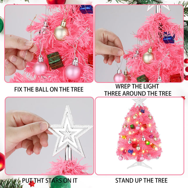20 Inch Tabletop Mini Christmas Tree Set with LED Lights Artificial Small Christmas Tree DIY Christmas Decor Christmas Tree Ornaments Balls, Star Treetop for Home Indoor Table Desk (Pink)