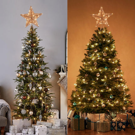 Rose Gold Christmas Tree Topper, 10 INCH Rose Gold Wire Glitter Tree Top, 20 LED Lights Glittered Metal Christmas Decorations, Xmas Ornaments Topper Holder for Christmas Tree Home Decoration