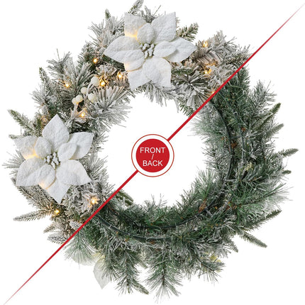 Glitzhome 24" D Pre-Lit Snow Flocked Greenery Pine Poinsettia Christmas Wreath, with 50 Warm White Lights with Timer