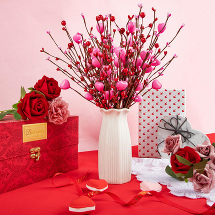 6 Pack Valentine’s Day Picks Artificial Berry Flower Stems Picks with Pink Hearts for Valentines Day Decor and s Wedding Anniversary Decorations(16inch Pink)