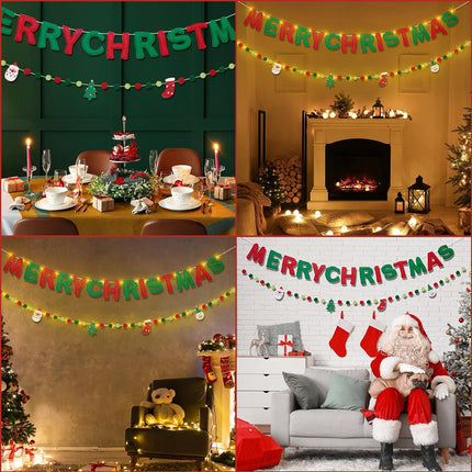 Pre-Strung Merry Christmas Banner, Christmas Felt Fabric Banner(with Lights), Red and Green Felt Ball Garland Reusable Christmas Decorations Indoor Outdoor, Fun Xmas Party Supplies
