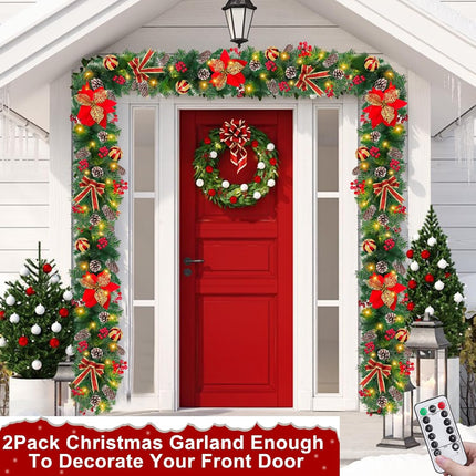 2 Pack 9 Ft Each Thicker Prelit Christmas Garland 8 Modes Timer 5 Poinsettia 4 Balls 300 Tips 198 Red Berry 4 Bow 18 Pine Cone Cedar Garland Xmas Decorations Home Indoor Outdoor, Total 18 Ft 100 LED