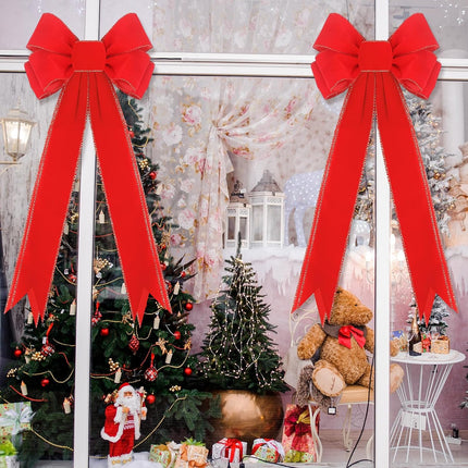 Zeyune 12 Pcs Large Christmas Red Bows with Gold Edge Velvet Xmas Wreath Bows 10" x 26" Christmas Tree Topper Bows for Holiday Party Supplies Indoor Outdoors Wrapping Decorations