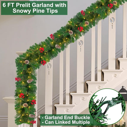 TURNMEON 6 Ft 30 LED Prelit Christmas Garland with Lights Timer 8 Modes 170 Branch Snowy Bristle 8 Pinecones 88 Red Berries Battery Operated Cedar Garland Christmas Decorations Home Indoor Mantle