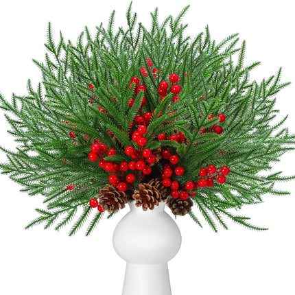 HyDren 20 Pcs Christmas Artificial Norfolk Pine with Cone and Berry, 17 Inches Artificial Greenery Norfolk Pine Stems Long Xmas Faux Pine Stem for Crafts Christmas Tree DIY Garland Holiday Wreath