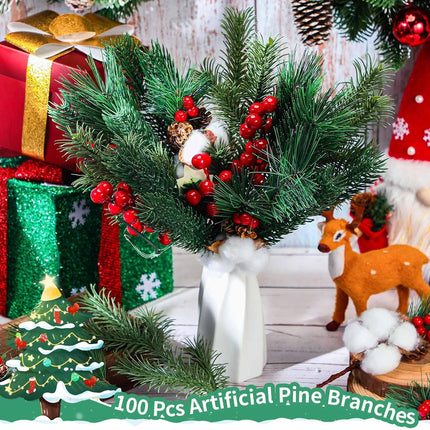 Lyrow 100 Pcs Artificial Pine Branches Green Pine Needles Fake Greenery Christmas Picks Floral Christmas Wreath Decorations Holly Red Berry Stems for Winter Holiday DIY Garland Home Garden Decor