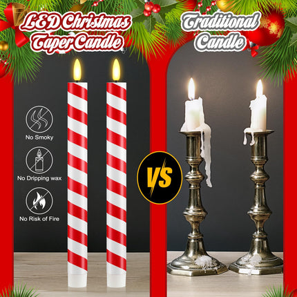 Retisee 24 Pieces Christmas Flameless Taper Candles Bulk Candy Cane Striped LED Candle Stick Battery Operated Taper Candles Flickering Candle Lights for Christmas Candles Decorations (Red and White)