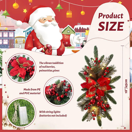 2PCS Christmas Teardrop Swag Christmas Wreaths 18'' Xmas Stairway Swag Wreath Artificial Christmas Swags Decorations for Front Door Indoor Outdoor Wall